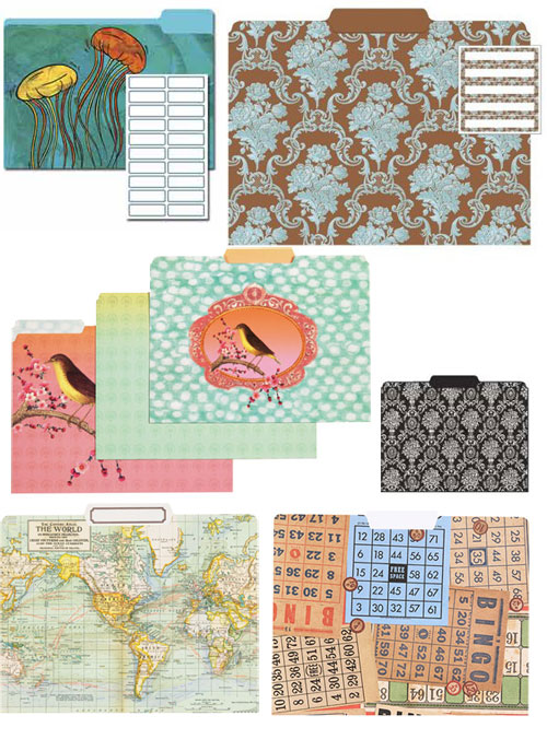 Ocean Escapade Decorative File Folders, Blue Bouquet Decorative File Folders Set, Simple Pink Birds File Folder, Black Vase Toile Decorative File Folders, World Map File Folders & Bingo File Folders